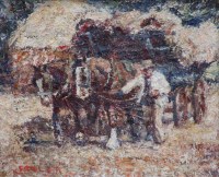 Lot 654 - Harry Fidler, Farmhand with horse and cart, oil.