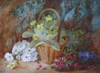 Lot 657 - Vincent Clare, Still Life with Primroses in a Basket, oil.