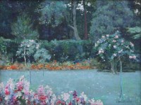 Lot 658 - C. Waldo Adin, Garden scene with floral borders, oil.