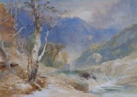 Lot 685 - James Baker Pyne, A mountainous river landscape with an angler, watercolour.