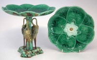 Lot 199 - Majolica heron comport and a plate.