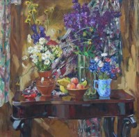 Lot 427 - Segei Valodin, Still life with flowers on a table, oil.