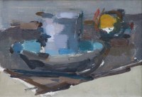Lot 434 - Nicholas Horsfield, Still life with cup and saucer, oil.