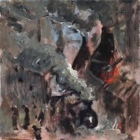 Lot 459 - F.J. England, Full Burn, Burslem - Kilns and Trains, acrylic.