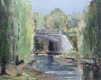 Lot 479 - Style of J.G. Smith, Bridge over stream, oil.
