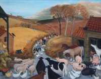 Lot 485 - Margaret Loxton, Animal Farm - Before the Battle of the Cowshed, oil.