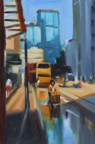 494 - Liam Spencer, Girl with Handcart, Hong Kong, oil.