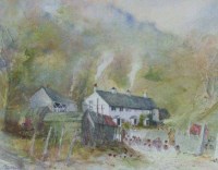 Lot 536 - Tony Lees, Lakeland cottage with sheep and figures, watercolour.
