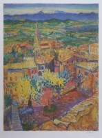 Lot 547 - After Frederick Gore, Bonnieux with Mont Ventoux in the background, signed print.