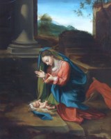 Lot 557 - After Correggio, Adoration of the Child, oil.
