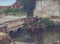 Lot 561 - F.A. Saltmer, Rural view with bridge and horses watering, oil.