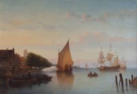 Lot 571 - Continental School, 19th century, River view with various shipping, oil.