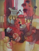 Lot 578 - Moira Huntly, Red Apples with Chinese Jar, watercolour.
