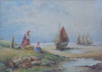 Lot 581 - W.J.J.C. Bond, Coastal view with figures and shipping, watercolour.