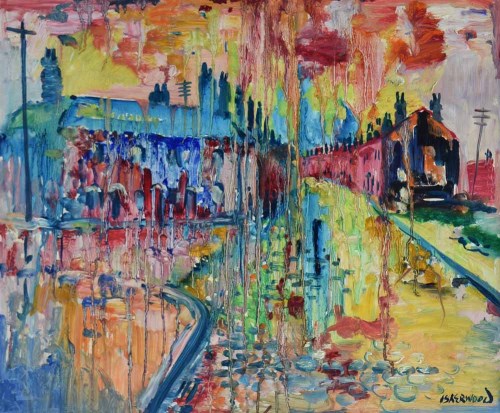 Lot 382 - J.L. Isherwood, Pink Rain, Great George Street, Wigan, oil.