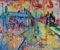 Lot 382 - J.L. Isherwood, Pink Rain, Great George Street, Wigan, oil.