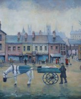 Lot 398 - Joy Altaras, 20th century, Street scene with horse and cart, oil.