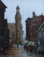 Lot 403 - Arthur Delaney, Market Place, Manchester, oil.