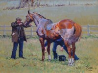 Lot 452 - Malcolm Coward, Horse and figures in a field, oil.