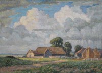 Lot 458 - Henry Samuel Merritt, Rural view with farm buildings, oil.