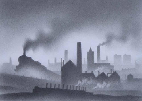 Lot 499 - Trevor Grimshaw, Train Leaving a Town, pencil and graphite.