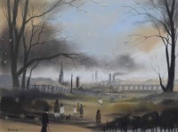 Lot 504 - Braaq, Park scene with figures and viaduct, pastel.