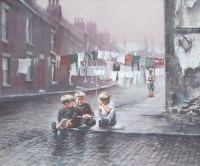 Lot 511 - Marc Grimshaw, Three boys sitting on a pavement, pastel.