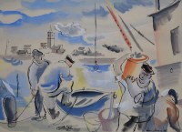 Lot 533 - Harry Stevens, Fishermen, gouache.
