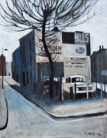 Lot 548 - Geoffrey Key, Manchester street scene, mixed media.