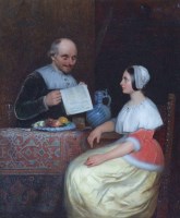 Lot 560 - Jeffrey Archer, Interior scene with figures, oil.