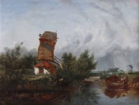 Lot 563 - William Hunt, River scene with windmill, oil.