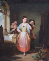 Lot 570 - R.F., 19th century, Figures in an interior, oil.