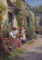 Lot 576 - H.E. Norman, 19th century, Figures outside a cottage, oil.