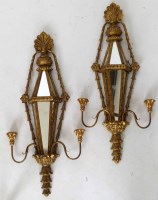 Lot 651 - Pair of Italian gilt wood and mirrored semi-hexagonal girandoles
