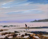 Lot 328 - Sue Atkinson, Figure on the beach, oil.