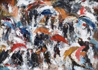Lot 329 - Sue Atkinson, Figures with umbrellas, oil.