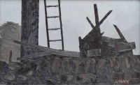 Lot 330 - Jack Simcock, Telegraph pole, ladders and a stone wall, oil on board.