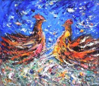 Lot 340 - David Wilde, Cock Fight II, acrylic.
