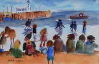 Lot 363 - Sue Atkinson, Figures on the seafront, watercolour.