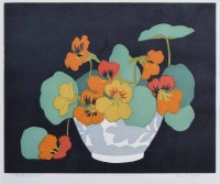 Lot 377 - John Hall Thorpe, Nasturtiums and another floral study, signed colour woodcuts (2).