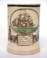 Lot 68 - Dawson & Co. Creamware 'Peace and Plenty' mug