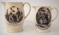 Lot 78 - Two Creamware jugs circa 1800, printed with 'The