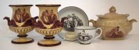 Lot 117 - Pair of buff coloured twin handled vases, sucrier, cup and saucer.