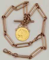 Lot 342 - Gold watch chain set with a gold five dollars.