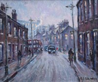 Lot 389 - Reg Gardner, Works Bus Journey, oil.