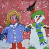 Lot 399 - Sue Atkinson, Girl and snowman, oil.