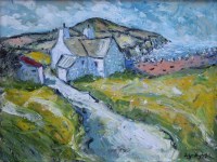 Lot 406 - Wyn Hughes, Coastal view with cottage, oil.