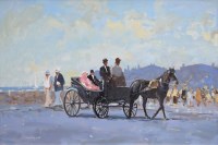 Lot 408 - William Norman Gaunt, Figures in an open carriage, oil.