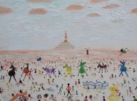 Lot 418 - Simeon Stafford, Beach scene with lighthouse and figures, oil.