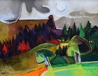 Lot 434 - Geoffrey Key, Pine Trees & Clouds, oil.